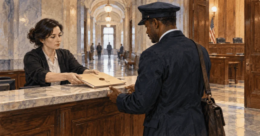 Conceptual painting of a court clerk passing a sealed folder to a messenger in a courthouse.