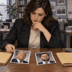Conceptual painting of a reporter comparing separate portraits of Donald Trump and J.D. Vance beside unmarked folders.