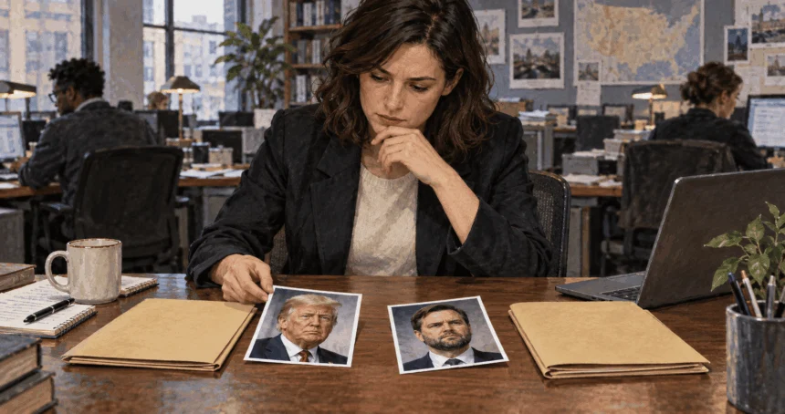 Conceptual painting of a reporter comparing separate portraits of Donald Trump and J.D. Vance beside unmarked folders.