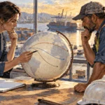 Conceptual watercolor of a trade analyst and port worker considering an unmarked globe model.