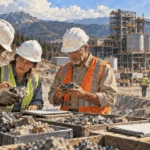 Painted illustration of workers examining mineral samples at a mining and processing site.