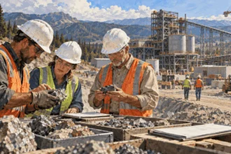 Painted illustration of workers examining mineral samples at a mining and processing site.