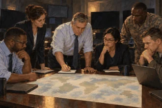Conceptual painting of analysts discussing a blank world map.