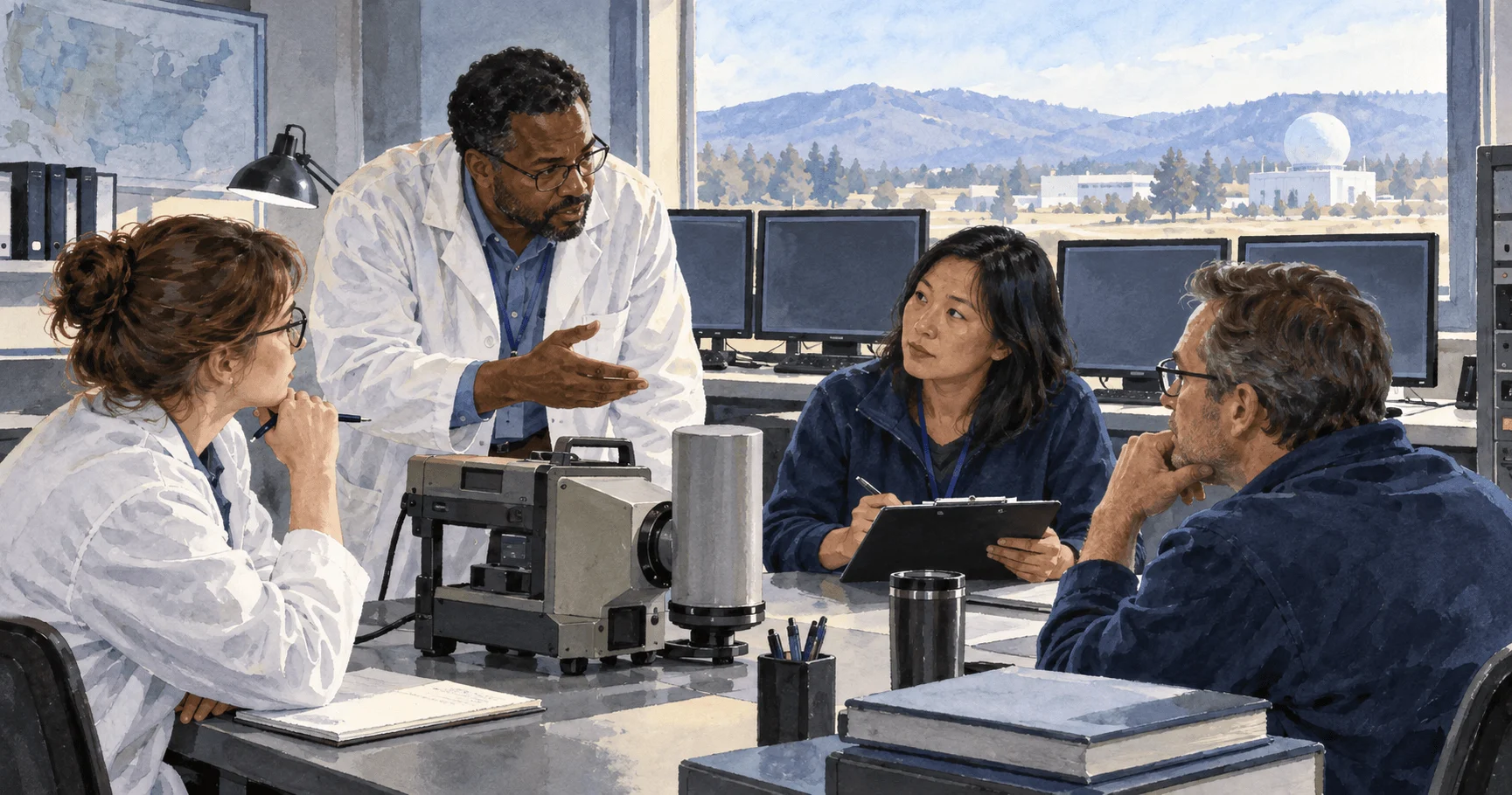 Scientists and analysts inspect monitoring equipment in a civilian laboratory.