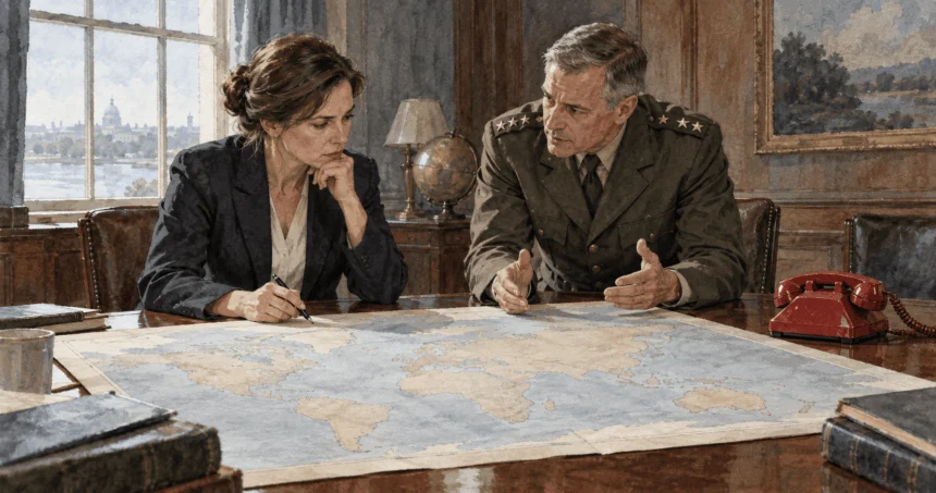 Conceptual painting of advisers discussing how to manage a nuclear crisis.