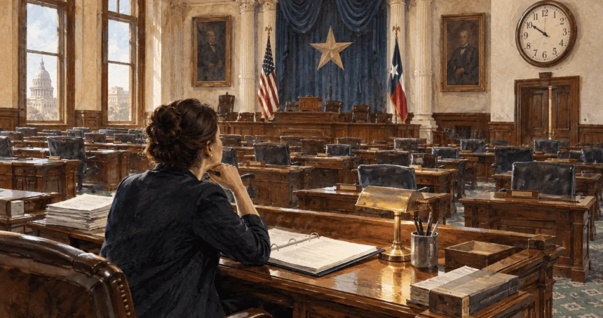 Clerk surveys an almost empty legislative chamber with rows of vacant desks.