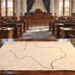 Conceptual painting of empty legislative seats and a redistricting map.