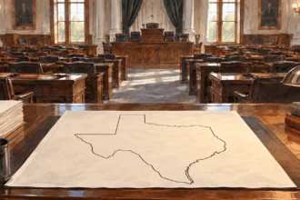Conceptual painting of empty legislative seats and a redistricting map.