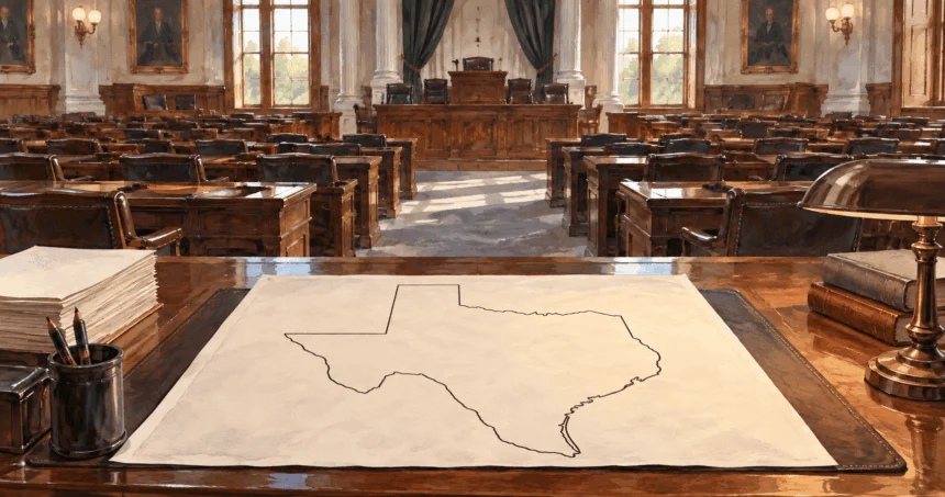 Conceptual painting of empty legislative seats and a redistricting map.