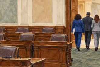 Conceptual watercolor of lawmakers leaving a state legislative chamber.