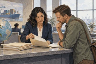 Conceptual painting of a trade adviser helping an exporter review compliance materials.