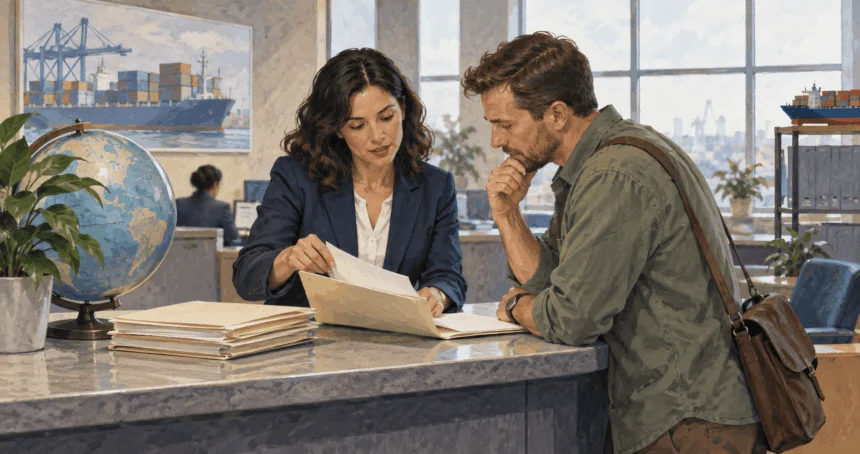 Conceptual painting of a trade adviser helping an exporter review compliance materials.