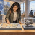 Conceptual painting of a visitor examining weather, census, invention and trade tools.