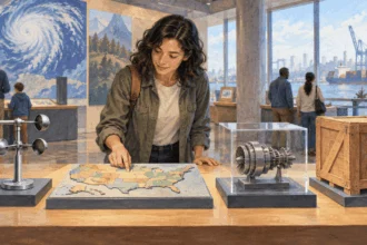 Conceptual painting of a visitor examining weather, census, invention and trade tools.