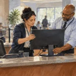Conceptual painting of public-service workers updating a workstation at a service center.