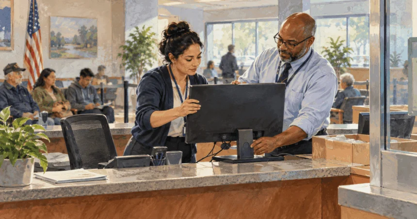 Conceptual painting of public-service workers updating a workstation at a service center.