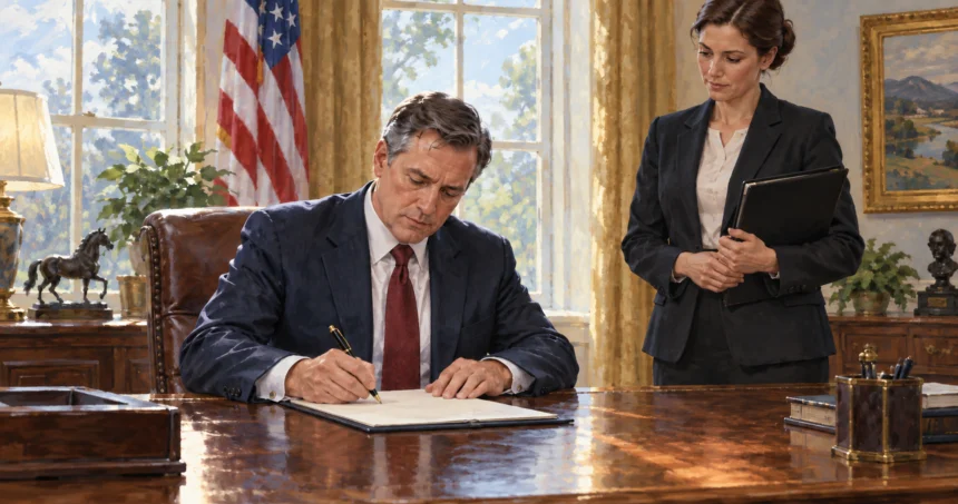 Conceptual painting of a fictional president signing an unmarked directive with an aide nearby.