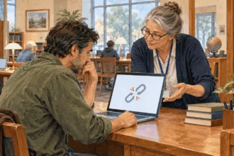 Painted illustration of a librarian helping a resident with a broken web link.