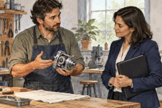 Conceptual watercolor of an inventor and trade adviser examining an unbranded prototype.