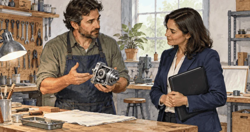 Conceptual watercolor of an inventor and trade adviser examining an unbranded prototype.