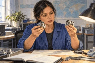 Conceptual watercolor painting of analyst examines two unbranded product parts.