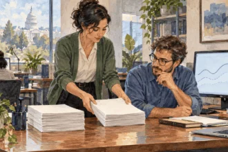 Conceptual painting of analysts updating a jobs estimate as additional survey forms arrive.