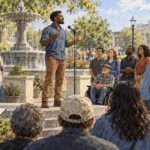 Painted illustration of people speaking, petitioning, reporting, and practicing religion in a civic square.