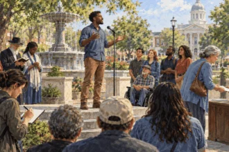 Painted illustration of people speaking, petitioning, reporting, and practicing religion in a civic square.