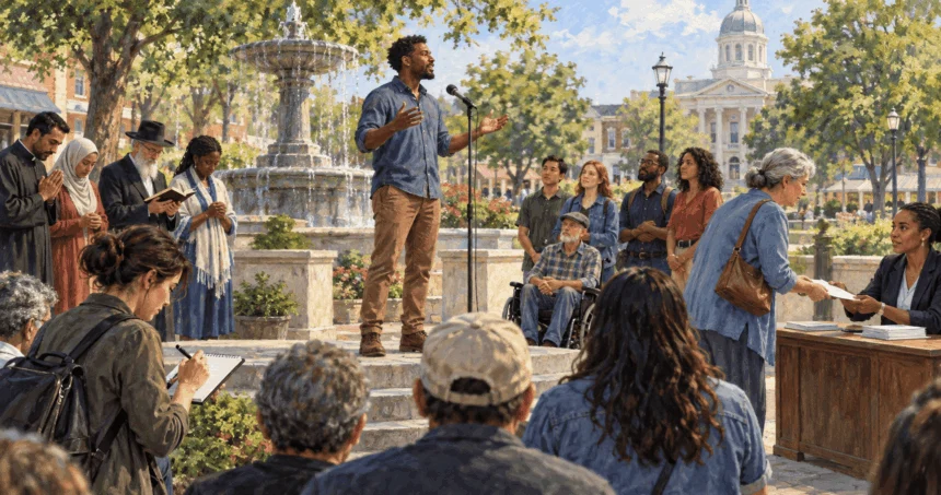 Painted illustration of people speaking, petitioning, reporting, and practicing religion in a civic square.