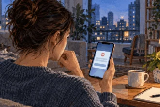 Painted illustration of a person viewing an account restriction on a phone.
