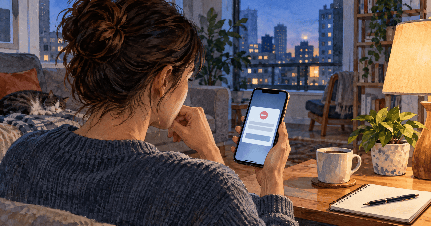 Painted illustration of a person viewing an account restriction on a phone.