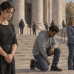 Citizens use peaceful nonverbal expression outside a public building.