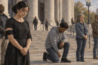 Citizens use peaceful nonverbal expression outside a public building.