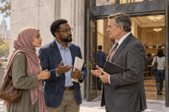 Painted scene of a faith-community member and civil-rights advocate discussing access with a public official.