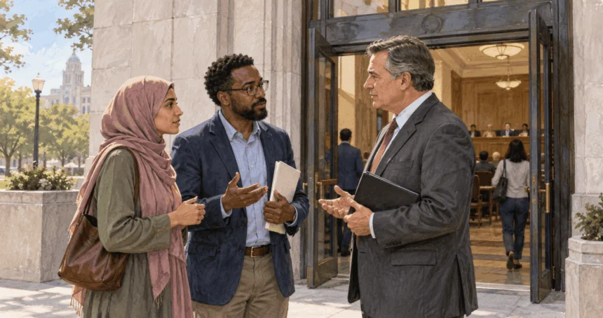 Painted scene of a faith-community member and civil-rights advocate discussing access with a public official.