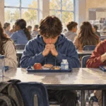 Painted illustration of a student bowing their head quietly during lunch while classmates eat.