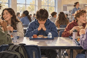 Painted illustration of a student bowing their head quietly during lunch while classmates eat.