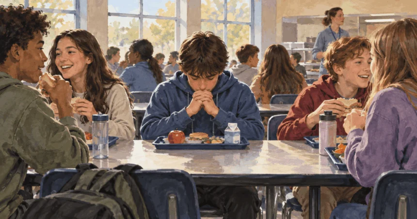 Painted illustration of a student bowing their head quietly during lunch while classmates eat.
