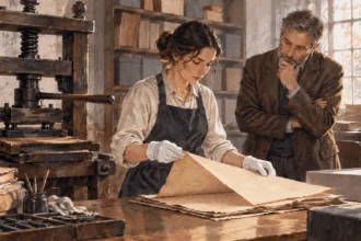 Conceptual painting of an archivist showing an early newspaper and printing press.