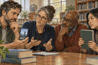 Painted scene of residents discussing a disputed online image in a library.