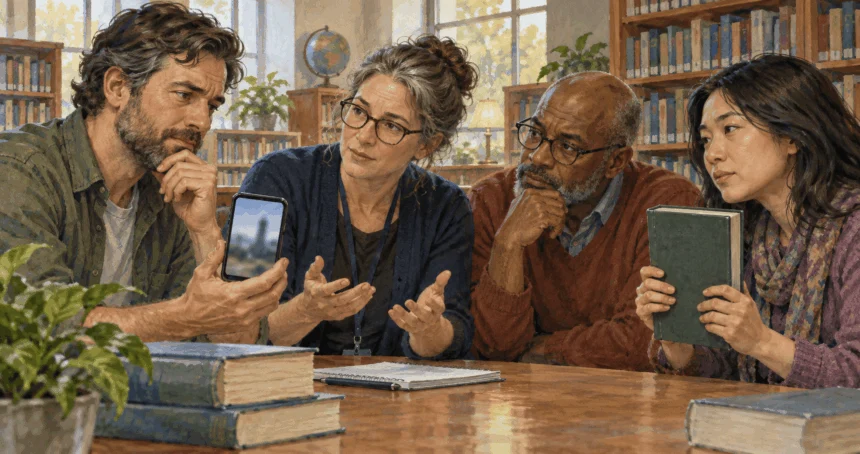 Painted scene of residents discussing a disputed online image in a library.