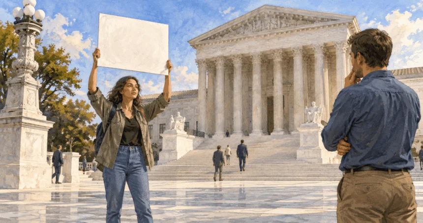 Conceptual painting of a peaceful demonstrator with a blank placard outside a courthouse.