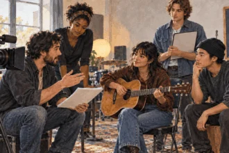 Filmmaker and musician prepare a creative performance with a camera and instrument.