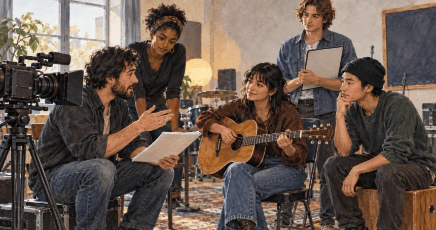Filmmaker and musician prepare a creative performance with a camera and instrument.
