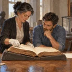 Painted illustration of an archivist and reader examining an old constitutional volume with a historic firearm behind glass.