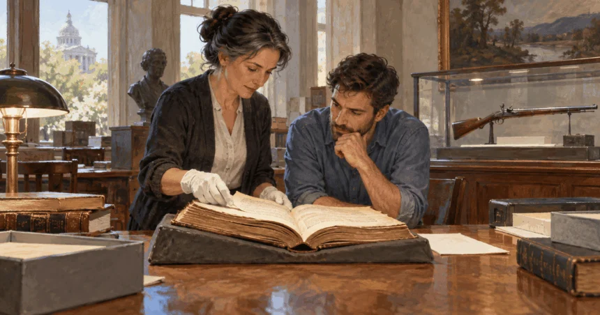 Painted illustration of an archivist and reader examining an old constitutional volume with a historic firearm behind glass.