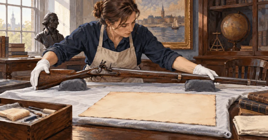 Conceptual painting of a conservator examining a flintlock musket and period parchment.