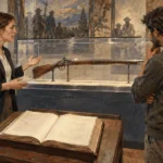 Conceptual painting of a museum educator and visitor examining a secured historic firearm and a law book.