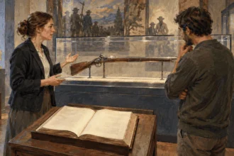 Conceptual painting of a museum educator and visitor examining a secured historic firearm and a law book.