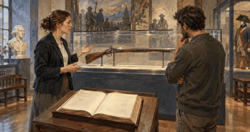 Conceptual painting of a museum educator and visitor examining a secured historic firearm and a law book.
